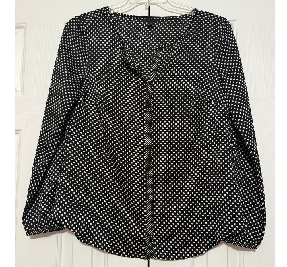 Ann Taylor Black and White Polka Dot Long Sleeve Blouse, Size 8